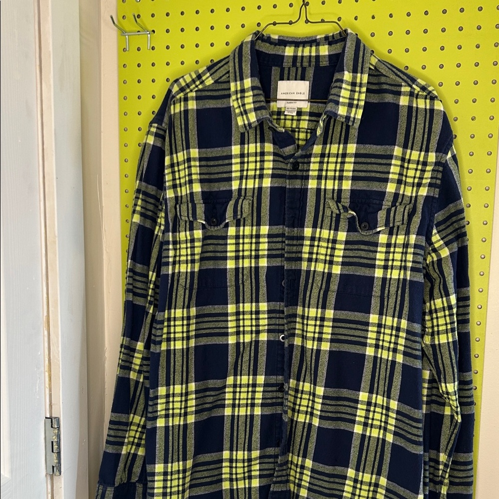 American Eagle Outfitters Navy and Lime Plaid Shirt